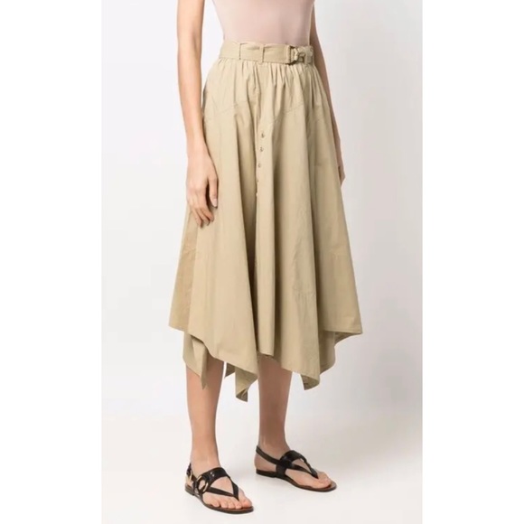 ULLA JOHNSON • Tan Helaine Asymmetrical Handkerchief Hem High-Waisted Midi Skirt - Picture 13 of 16